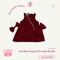 Váy đầm nhung đỏ kim tuyến lấp lánh phối nơ cho bé gái đi chơi Tết