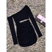 Váy đầm nữ body tay dài lệch vai khoét eo có mút ngực - Đen