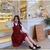 váy đầm nữ caro dáng xòe cổ sơ mi đính nút