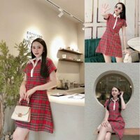 Váy đầm nữ caro dáng xòe đầm polo caro viền cổ trắng