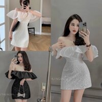 Váy đầm nữ chất gấm cúp ngực phối voan bèo trễ hở vai tay phồng dáng A ngắn đen trắng phom ôm sexy hàn quốc