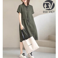 Váy đầm nữ cộc tay sơ mi xanh rêu có túi ngực, Đầm linen nữ cổ sơ mi kèm dây eo tự chỉnh Đũi Việt DVDA75 - XL