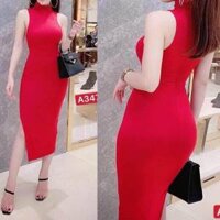 Váy đầm nữ dáng ôm body 3 lỗ cổ lọ sát nách xẻ đùi sang chảnh Annastore