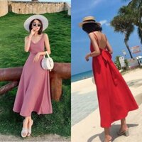 Váy đầm nữ dáng xòe, Đầm Maxi 2 dây đi biển, váy maxi 2 dây hở lưng cột nơ màu đỏ - lTM4