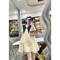 Váy đầm nữ đi cưới, đầm tiểu thư babydoll màu kem cổ nhọn màu đen đính nơ siêu dễ thương dx