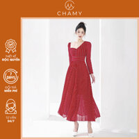 Váy đầm nữ Fiama Dress thiết kế xếp ly ngực họa tiết chấm bi, chất vải chiffon cao cấp CHAMY