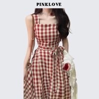 Váy đầm nữ hai dây kẻ sọc caro đỏ mix áo sơ mi ren trắng mùa hè PINKLOVE thời trang vintage công chúa P041