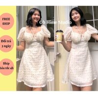 Váy đầm nữ hoa nhí màu vàng pastel tay bồng cúp ngực có quần bảo hộ Oh Hime Studio