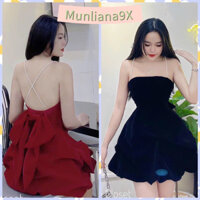 Váy đầm nữ kiểu dáng hai dây đính cườm hở lưng có nơ sau lưng sang trọng