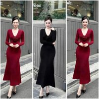 Váy Đầm Nữ Tay Dài Khoét Ngực, Đầm Body Dáng Dài Tôn Dáng Basic Vải Mịn Mềm Co Dãn Mặc Đi Chơi Dự Tiệc LUMICA D155