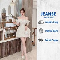 Váy đầm nữ xinh JEANSE thiết kế rớt vai nơ vạt hông, chất liệu gấm vải váy trắng V01