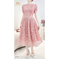 Váy, Đầm Thiết Kế DVC Nữ -  Váy Ren Hồng Xoè Li Ngực, Cổ Tròn, Cộc Tay V5730 - DVC DOLCE VIVA COLLECTION