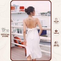 Váy đầm thiết kế maxi sang She, váy trắng 2 dây cúp ngực lưới thắt nơ SDX40