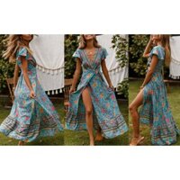 Váy đầm thổ cẩm màu xanh xẻ tà dáng ngắn và dài