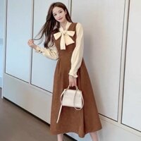 Váy đầm thời trang nữ sang chảnh dự tiệc chất umi cổ trong phối nơ tay dài dáng xòe màu nâu tôn dáng sinh đẹp