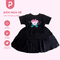 Váy đầm thun cotton cộc tay bé gái Pơ Baby, đầm đen thun lạnh cotton ngắn tay, thun thái co giãn dáng xòe 14kg - 32kg