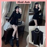 Váy Đầm Thun Nữ Miumiu Ôm Body Dài Tay Màu Đen Phối Viền Xám Kèm Khăn Freesize