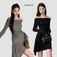 Váy đầm thun ôm body trễ vai dài tay mùa thu sexy quyến rũ gợi cảm Yannie