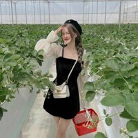 Váy Đầm Tiểu Thư Cổ Vuông Tay Voan Đính Nơ