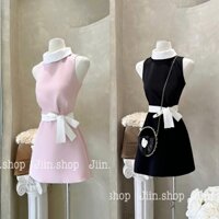 Váy đầm tiểu thư màu hồng cổ 3 phân, sát nách thắt nơ eo, váy khoét nách 2 dây thiết kế cao cấp sang chảnh dự tiệc cưới