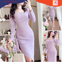 Váy đầm tím ôm body dài tay đính ngọc cổ vuông xếp ly eo sang chảnh đi tiệc DVC V4140