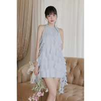Váy Đầm tơ xanh bèo xếp tầng Cổ tròn phối ren Cao cấp - QuynhTrangdesigner