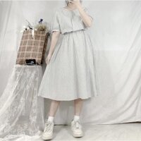 Váy Đầm trắng sọc xám thắt eo nơ buộc sau lưng