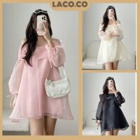 Váy Đầm trễ vai nữ đính đá chất tơ lụa cao cấp 2 lớp, Áo kiểu nữ trễ vai tay phồng sang chảnh MSP LACO76