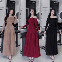 Váy đầm trễ vai tay dài có đính hoa nhún eo dáng xoè chất thun gân tăm L0113 LYA