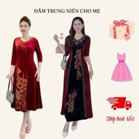 Váy đầm trung niên cho mẹ, đầm trung niên sang trọng chất nhung cao cấp co giãn quý phái ms226