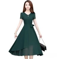 Váy đầm trung niên dự tiệc sang trọng dáng xòe tay ngắn thắt eo