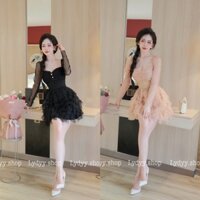 Váy đầm voan bèo quây cúp ngực voan tơ, bèo chân váy bèo tầng, sexy sang chảnh áo trễ vai cổ chữ U dự tiệc cưới, bar