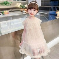 Váy Đầm voan Đính Kim Sa lấp lánh cổ váy Ngọc Trai phối ren Công Chúa, Váy bé gái mùa hè sang chảnh