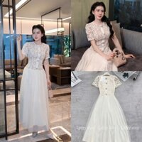 Váy đầm voan ren trắng cộc tay, váy maxi ren dáng dài thiết kế cao cấp sang chảnh dự tiệc cưới, váy cô dâu, váy voan