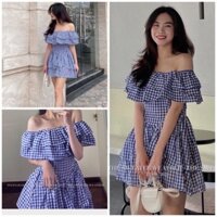 Váy Đầm Xanh Kẻ Caro Trễ Vai Tay Ngắn Bèo Chun Eo Dáng Babydoll Sang Chảnh