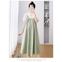 Váy đầm yếm bầu phối sơ mi cổ bèo hoa Hàng loại 1
