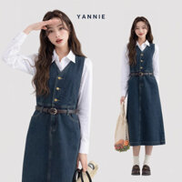 Váy đầm yếm jeans midi không tay dáng ôm chữ A dài retro ulzzang Hàn Quốc Yannie