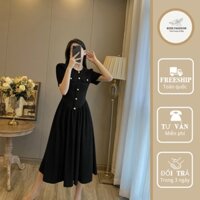 Váy dáng dài chất đũi xốp vân tay phồng phối khuy vàng dọc hai màu đen xanh size S M- Rose Fashion