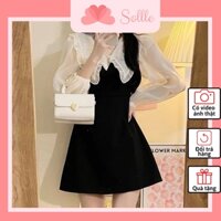 Váy dáng suông A xòe nhẹ đầm tiểu thư cổ bèo phối voan tơ tôn dáng nhẹ nhàng Sollle