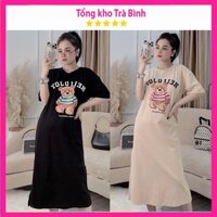 Váy dáng suông nữ chất cotton thoáng mát in họa tiết đầm ngắn tay hình gấu bông 2 màu