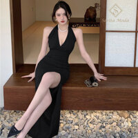Váy dây đùi xẻ sang trọng dành cho nữ Váy dạ hội cho bữa tiệc Cocktail Trang phục trang trọng (Đen) SERITA