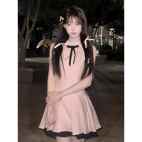 Váy dây màu hồng cho nữ Slim-fit Slimmer Look Pháp Phong cách Chanel Tính khí Nơ Mùa hè Váy không tay đẹp