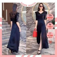 Váy đen Kann Model dáng suông dài, xẻ tà tay lững tôn dáng vải lụa cao cấp HV9