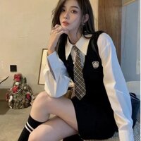 Váy Đen Ôm Dáng Phối Tay Và Cổ Sơ Mi Phong Cách Đồng Phục Học Sinh Hàn Quốc Kèm Cà Vạt
