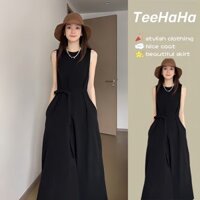 Váy đen Váy trễ vai đi biển Đầm maxi dáng dài Váy dài cao cấp màu đen váy liền không tay rộng rãi mẫu mới mùa hè 2024 nữ