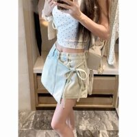 Váy Denim không đều có ren màu xanh nhạt