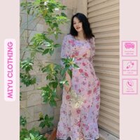Váy đẹp dự tiệc đầm nữ hoa dáng dài xòe cổ tròn bóp eo chất liệu voan mịn 2 lớp free size 46-55kg MIYU CLOTHING