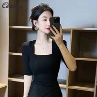 Váy dệt kim cổ vuông thanh lịch có chi tiết xếp nếp cho mùa hè