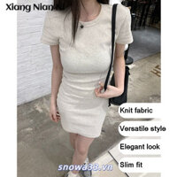 Váy dệt kim ngắn tay màu trắng thanh lịch dành cho nữ, Váy thời trang đơn giản