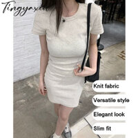 Váy dệt kim ngắn tay màu trắng thanh lịch dành cho nữ, Váy thời trang đơn giản